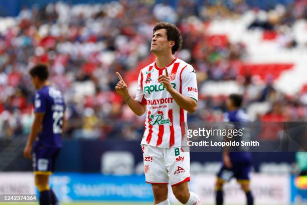 Fernando Madrigal of Necaxa celebrates after scoring the second goal of his team during the 7th round match between Atletico San Luis and Necaxa as...