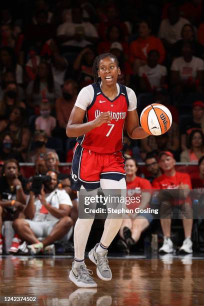 Ariel Atkins of the Washington Mystics dribbles the ball during the game against the Los Angeles Sparks on August 7, 2022 at Entertainment & Sports...