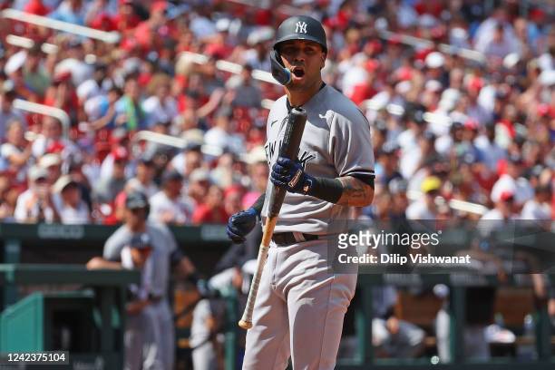 Marwin Gonzalez of the New York Yankees reacts after striking out against the St. Louis Cardinals in the fifth inning at Busch Stadium on August 7,...