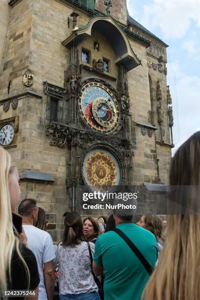 View of the astronomical clock in the Old Town Square of Prague, it is of various architectural styles from the Gothic and the Baroque, it is an...