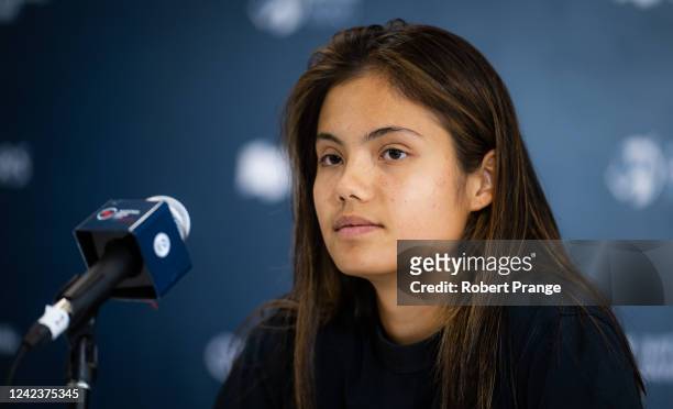 Emma Raducanu of Great Britain talks to the media on Day 2 of the National Bank Open, part of the Hologic WTA Tour, at Sobeys Stadium on August 07,...