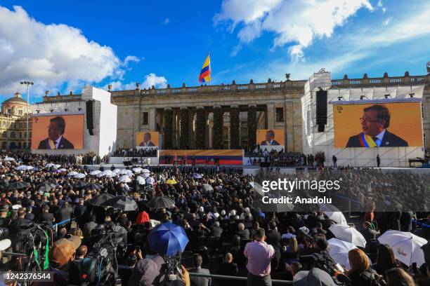People attend inauguration ceremony of Colombia's president-elect Gustavo Petro at the Bolivar square in Bogota, Colombia on August 07, 2022.