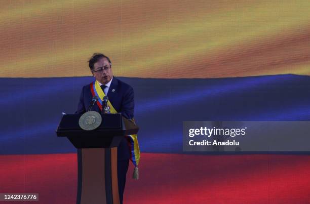 Colombia's president-elect Gustavo Petro speaks during the presidential inauguration at the Bolivar square in Bogota, Colombia on August 07, 2022.