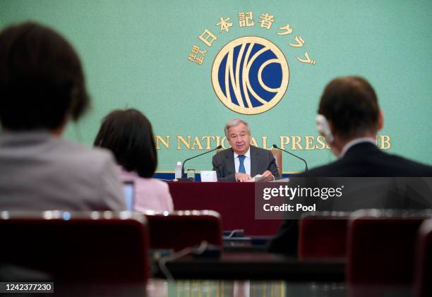 Secretary General Antonio Guterres speaks during a press conference at the Japan National Press Club on August 8, 2022 in Tokyo, Japan. Guterres was...