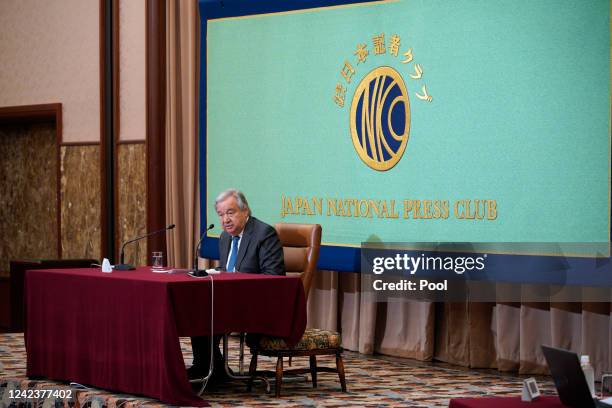 Secretary General Antonio Guterres speaks during a press conference at the Japan National Press Club on August 8, 2022 in Tokyo, Japan. Guterres was...