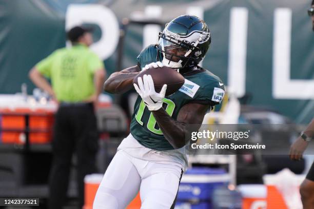 Philadelphia Eagles wide receiver Jalen Reagor catches a pass during training camp on August 7, 2022 at Lincoln Financial Field in Philadelphia PA.