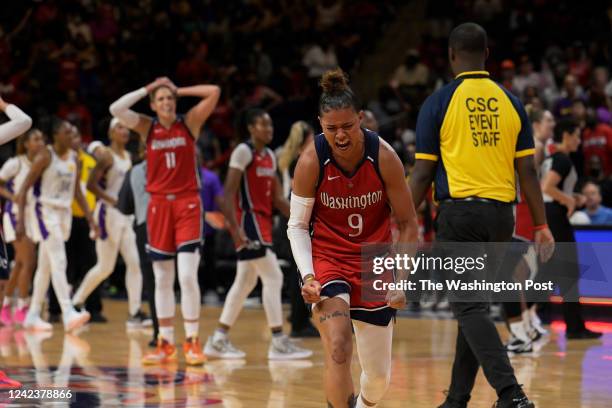 Washington Mystics guard Natasha Cloud reacts to a referee call at the end of the Washington Mystics-Los Angeles Sparks basketball game in...