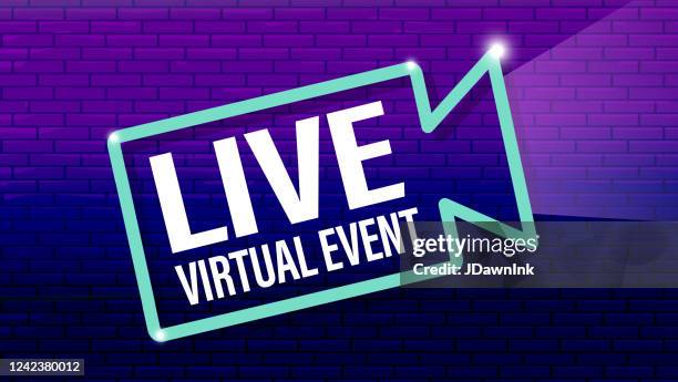 stockillustraties, clipart, cartoons en iconen met live virtual event icon op paarse bakstenen muur - camera stand