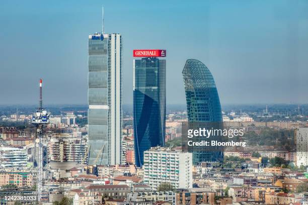 The Allianz, Generali and Libeskind, left to right, skyscrapers seen from the UniCredit SpA headquarters in Milan, Italy, on Sunday July 31, 2022....