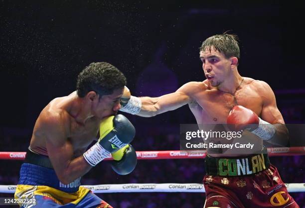 Belfast , United Kingdom - 6 August 2022; Michael Conlan, right, and Miguel Marriaga during their featherweight bout at SSE Arena in Belfast.