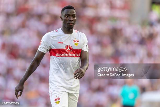 Silas Katompa Mvumpa of VfB Stuttgart Looks on during the Bundesliga match between VfB Stuttgart and RB Leipzig at Mercedes-Benz Arena on August 7,...