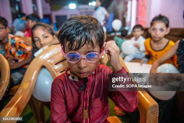 Child wearing eyeglasses seen during the Lenskart Foundation awareness rally on completing one year as one of the child eye care centres at...