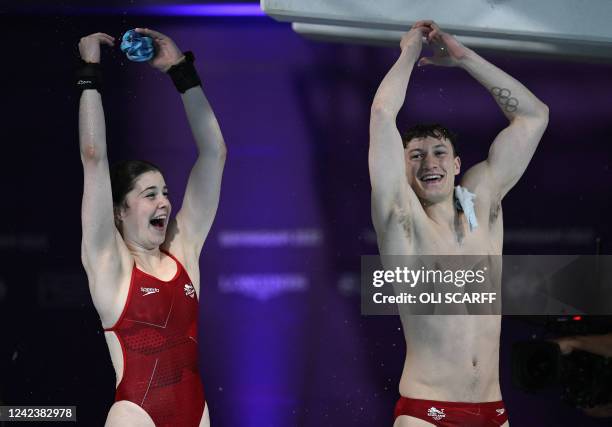 England's Andrea Spendolini-Sirieix and England's Noah Williams celebrates winning and taking the gold medal in the mixed synchronised 10m platform...