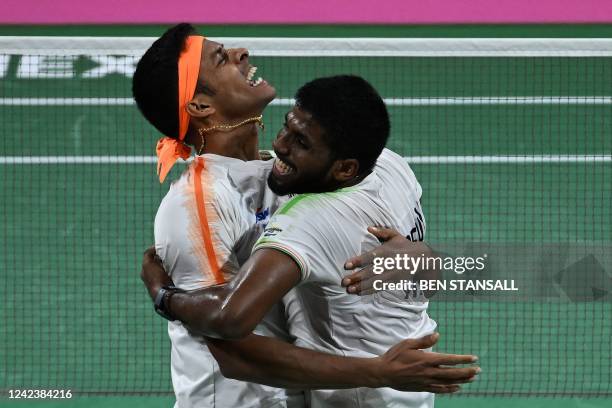 India's Satwik Sairaj Rankireddy and India's Chirag Chandrashekhar Shetty celebrate after winning against England's Ben Lane and England's Sean Vardy...