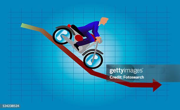 ilustrações, clipart, desenhos animados e ícones de side profile of a businessman riding a motorcycle down on a line graph - mode