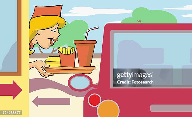 ilustrações, clipart, desenhos animados e ícones de side profile of a female attendant at a fast food takeaway counter - mode