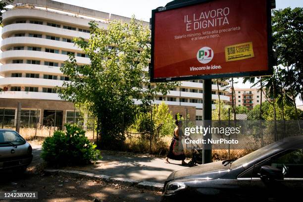 General view shows of election posters of Democratic Party on display on August 08, 2022 in Rome, Italy.