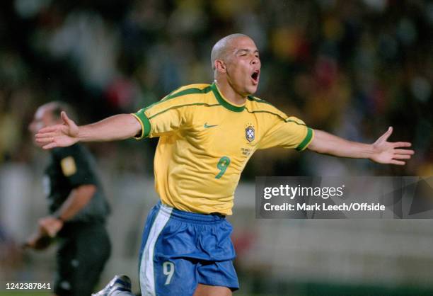 June 1998, Paris - FIFA World Cup - Brazil v Chile - Ronaldo celebrates after scoring a goal for Brazil.