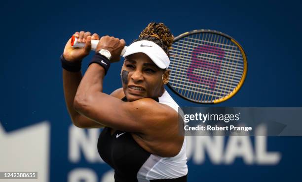 Serena Williams of the United States hits a shot against Nuria Parrizas Diaz of Spain in her first round match on Day 3 of the National Bank Open,...