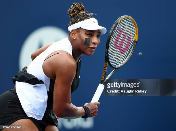 Serena Williams of the United States serves against Nuria Parrizas Diaz of Spain during the National Bank Open, part of the Hologic WTA Tour, at...