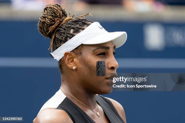 Serena Williams reacts during her National Bank Open tennis tournament first round match on August 8 at Sobeys Stadium in Toronto, ON, Canada.