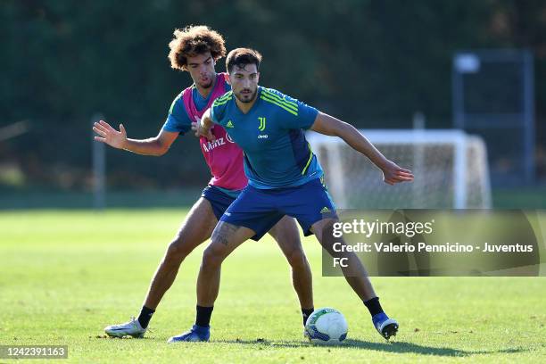 Emanuele Pecorino and Koni De Winter of Juventus U23 during a Training Session at JTC Vinovo on August 8, 2022 in Turin, Italy.