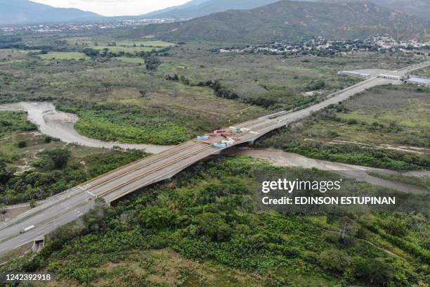 Aerial view of containers blocking the Tienditas International Bridge at the border between Colombia and Venzuela in Cucuta, Colombia, on August 8,...