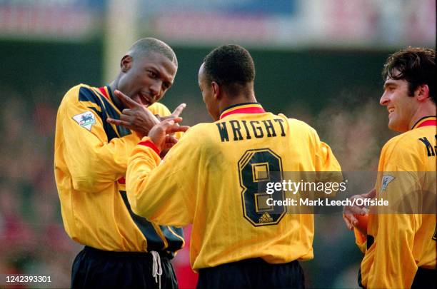 December 1993, Swindon - FA Carling Premiership - Swindon Town v Arsenal - Kevin Campbell and Ian Wright celebrate a goal for Arsenal.