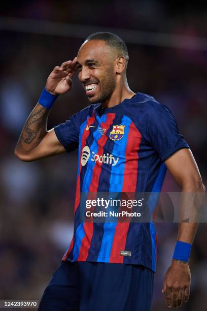 Pierre-Emerick Aubameyang of Barcelona celebrates after scoring his sides first goal during the Joan Gamper Trophy, friendly presentation match...