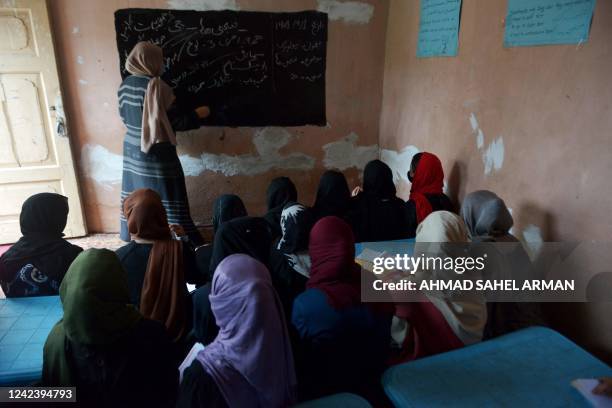 This picture taken on June 22, 2022 shows girls studying in a secret school at an undisclosed location in Afghanistan. - Hundreds of thousands of...