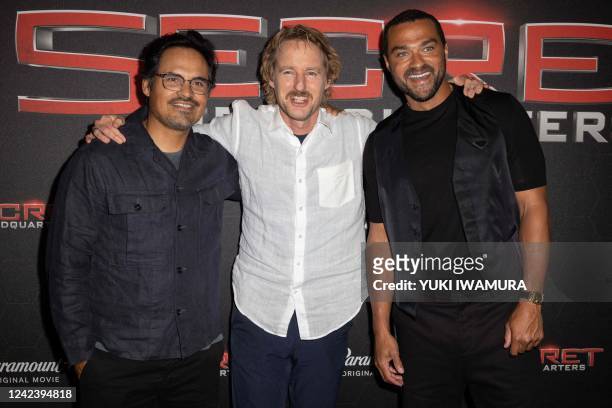 Actors Michael Pena, Owen Wilson and Jesse Williams attend the New York premiere of Paramount+'s "Secret Headquarters" at Signature Theater on August...