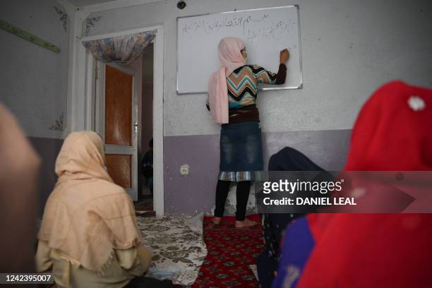 This picture taken on July 25, 2022 shows girls studying in a secret school at an undisclosed location in Afghanistan. Hundreds of thousands of girls...
