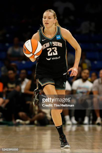 Marine Johannès of the New York Liberty handles the ball during the game against the Dallas Wings on August 8, 2022 at the College Park Center in...