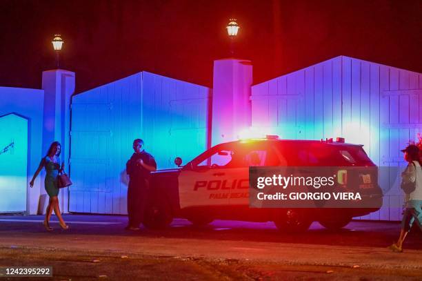 Police car is seen outside former US President Donald Trump's residence in Mar-A-Lago, Palm Beach, Florida on August 8, 2022. - Former US president...