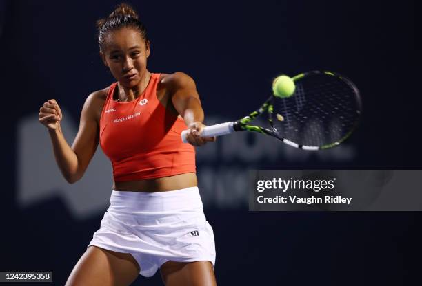 Leylah Fernandez of Canada plays a shot against Storm Sanders of Australia during the National Bank Open, part of the Hologic WTA Tour, at Sobeys...