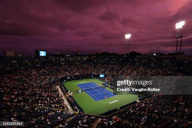 Leylah Fernandez of Canada serves against Storm Sanders of Australia during the National Bank Open, part of the Hologic WTA Tour, at Sobeys Stadium...