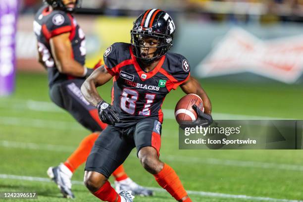 Ottawa Redblacks wide receiver Terry Williams runs with the ball during Canadian Football League action between the Calgary Stampeders and Ottawa...