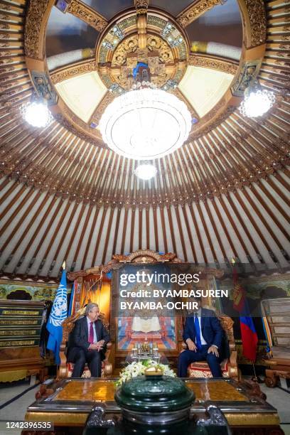 Mongolia's President Khaltmaagiin Battulga meets with UN Secretary General Antonio Guterres in Ulaanbaatar on August 9, 2022.