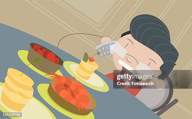 boy sitting at the table and talking on a mobile phone - foodie stock illustrations