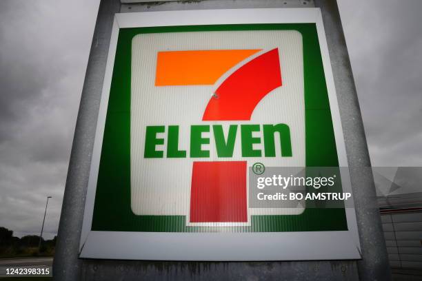 The logo of a 7-eleven store is pictured in Randers, on August 9, 2022. 7-Eleven said its stores in Denmark were slowly reopening after a hacker...