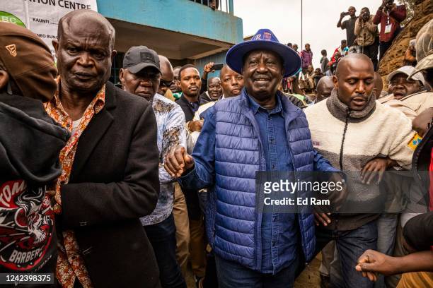 Azimio La Umoja coalition presidential candidate Raila Odinga enters a polling station in Kibera Primary School on August 9, 2022 in Nairobi, Kenya....