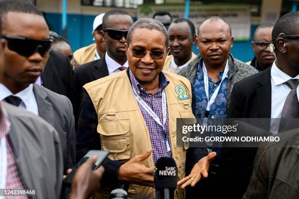 Former president of Tanzania Jakaya Kikwete , who is the head of East African Community election observation mission, talks to media in Old Kibera...