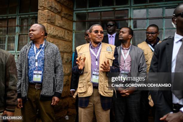 Former president of Tanzania Jakaya Kikwete , who is the head of East African Community election observation mission, talks to media in Old Kibera...