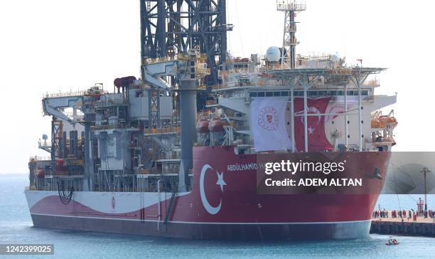 He Turkey-flagged Abdulhamid Han, an ultra deepwater drillship owned and operated by the Turkish Petroleum Corporation, is anchored off the port of...