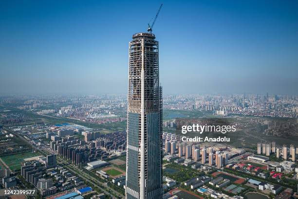 An aerial view of the Goldin Finance 117 on July 16, 2022 in Tianjin,China.Goldin Finance 117, also known as China 117 Tower, is an unfinished...