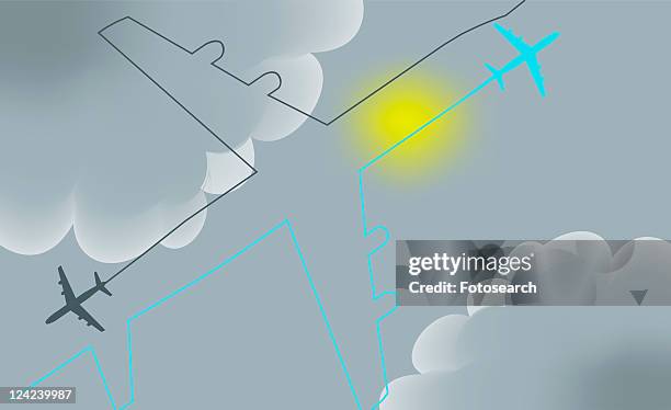 ilustrações, clipart, desenhos animados e ícones de low angle view of two airplanes flying in the sky - mode
