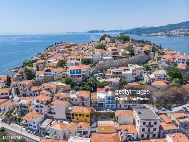 Panoramic aerial view from a drone of the city of Kavala and the old town of Kavala Panagia, in Eastern Macedonia, Aegean Sea. In the pictures are...