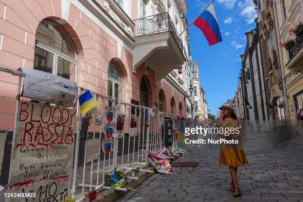 Anti - Russia and anti Russian war agression in Ukraine banners hanged on the fence in front of Russian Federation embassy are seen in Tallinn,...