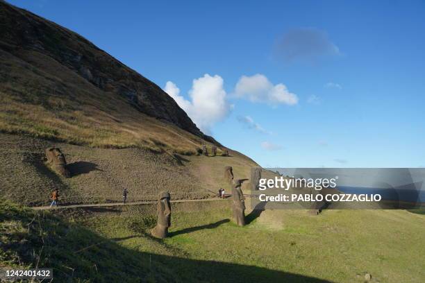 View of Moais -- stone statues of the Rapa Nui culture -- in Easter Island, 3700 km off the Chilean coast in the Pacific Ocean, on August 5, 2022....