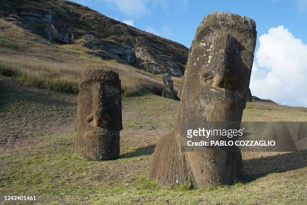 View of Moais -- stone statues of the Rapa Nui culture -- in Easter Island, 3700 km off the Chilean coast in the Pacific Ocean, on August 5, 2022....
